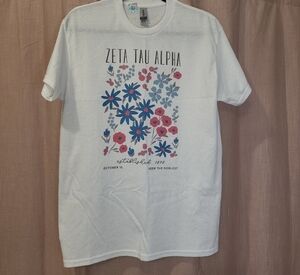 Gildan White Tee with Blue and Pink Floral Zeta Tau Alpha Print